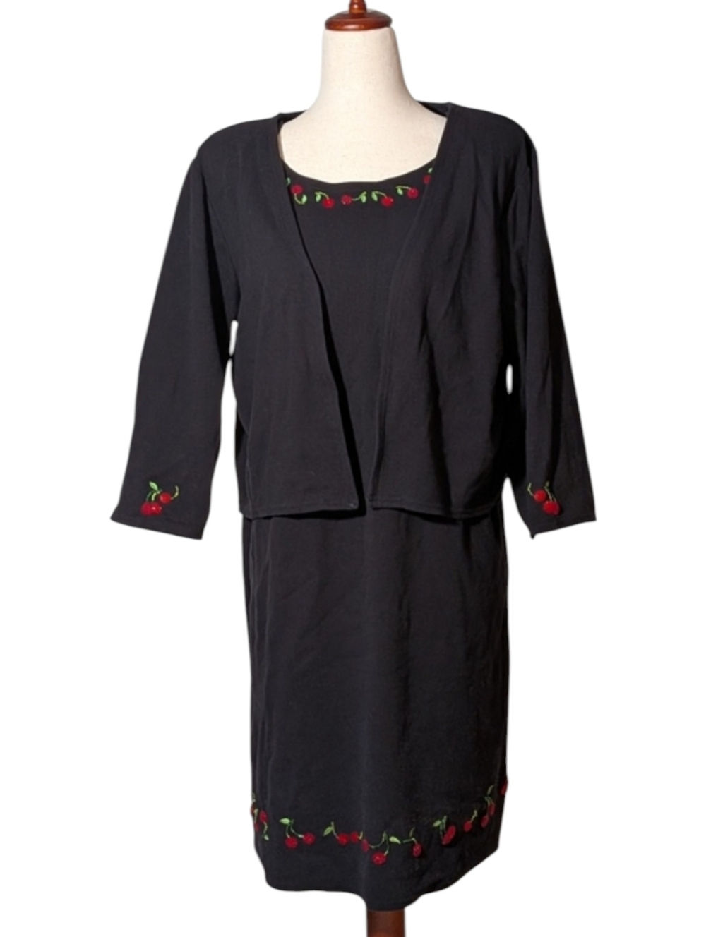 90s Y2k Vintage Black Beaded Cherry Two-Piece Dress Cardigan Set